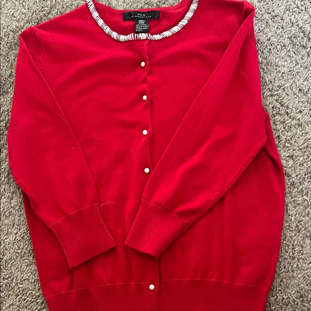 Silx by August Silk Red Cardigan with Beaded Collar